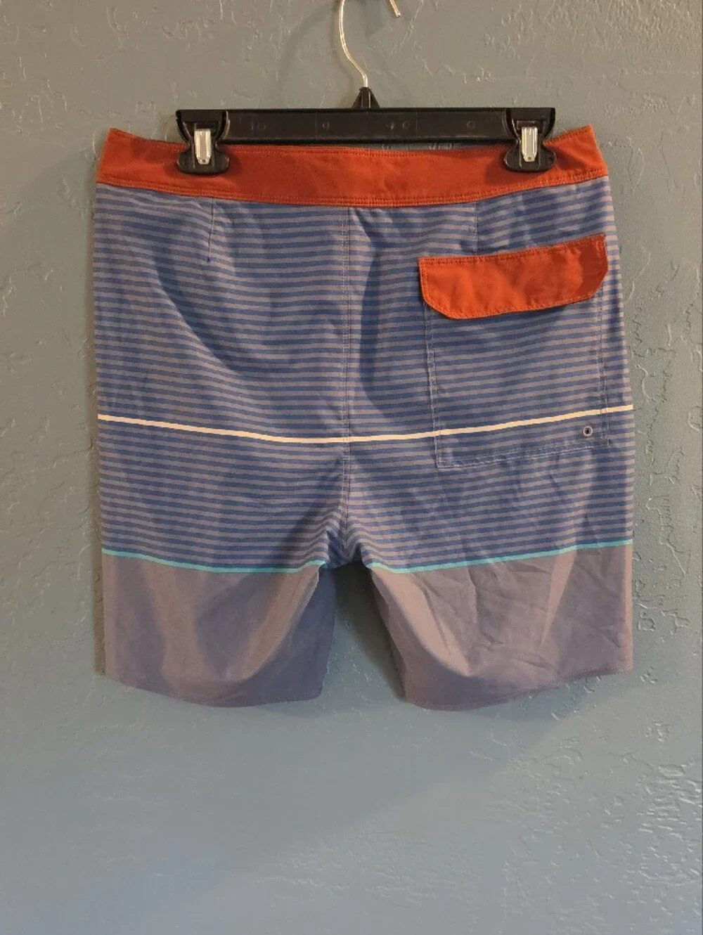 Patagonia Blue Striped Swim Board Shorts with Rust Waistband